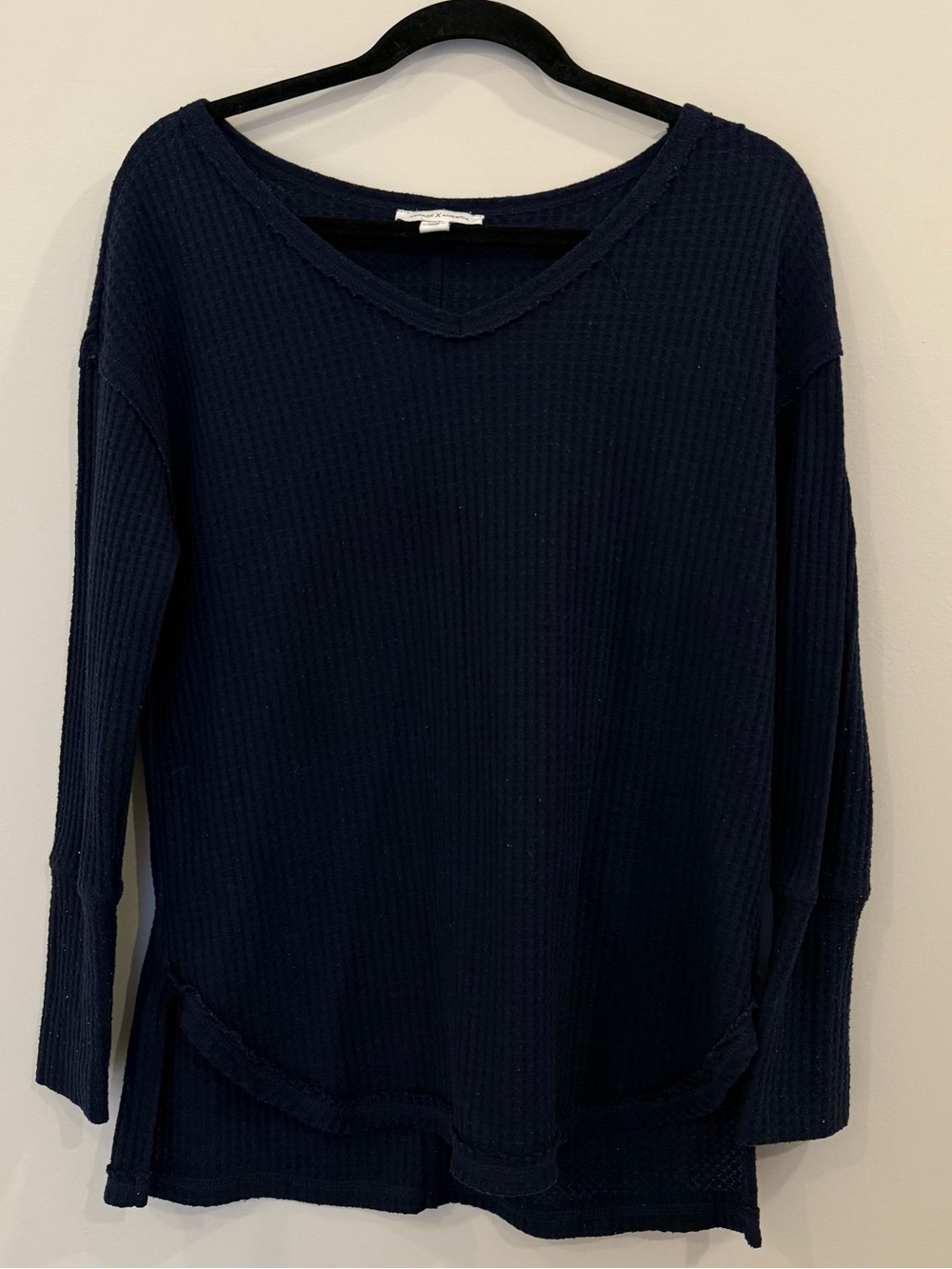 Vintage America Navy V-Neck Waffle Knit Long Sleeve Top